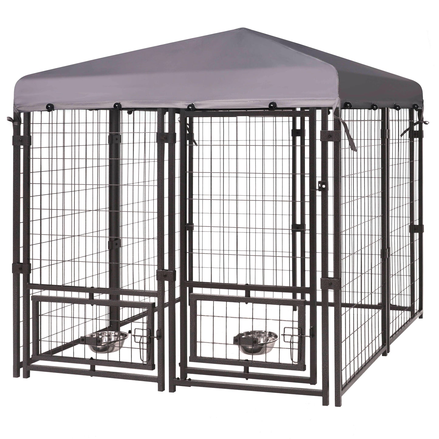 Outdoor Dog Kennel, Metal Large Dog Crates W/Canopy & 2 Rotating Feeding Doors, 4.5' X 4.5' X 4.8'