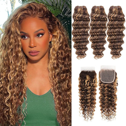 Brown &amp; Blonde Deep Wave Hair Bundles with 4×4 Closure – 12/14/16 + 12 Inches