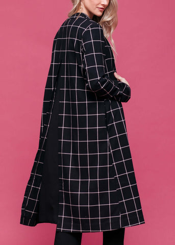 Women's Minimalist Grid Longline Coat In Black