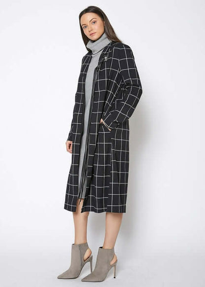 Women's Minimalist Grid Longline Coat In Black