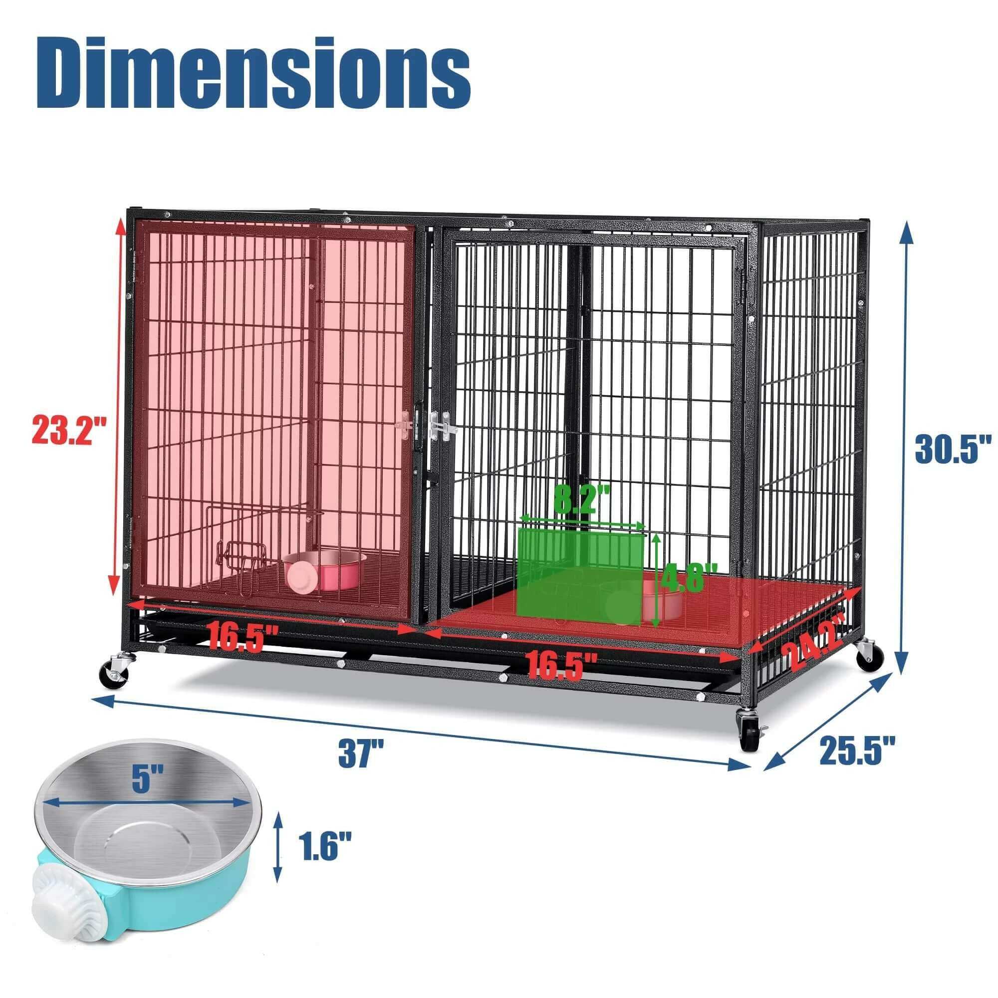 37&quot; Heavy Duty Dog Crate for Large Dogs, 2-In-1 Stackable Dog Kennels and Metal Wire Cages with Wheels,Sturdy Locks Design, Feeding Bowls,Leak-Proof Pan,Double Door and Removable Tray Design