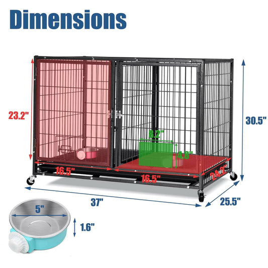 37" Heavy Duty Dog Crate for Large Dogs, 2-In-1 Stackable Dog Kennels and Metal Wire Cages with Wheels,Sturdy Locks Design, Feeding Bowls,Leak-Proof Pan,Double Door and Removable Tray Design