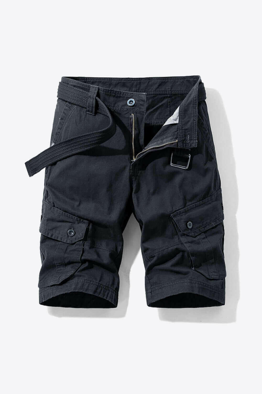 Button and Zip Closure Belted Cargo Shorts