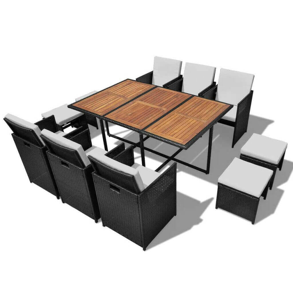 5 Piece Outdoor Dining Set Poly Rattan and Acacia Wood Black.