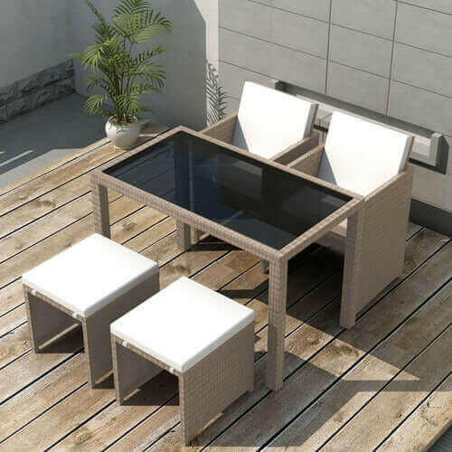 5 Piece Outdoor Dining Set with Cushions Poly Rattan Beige.