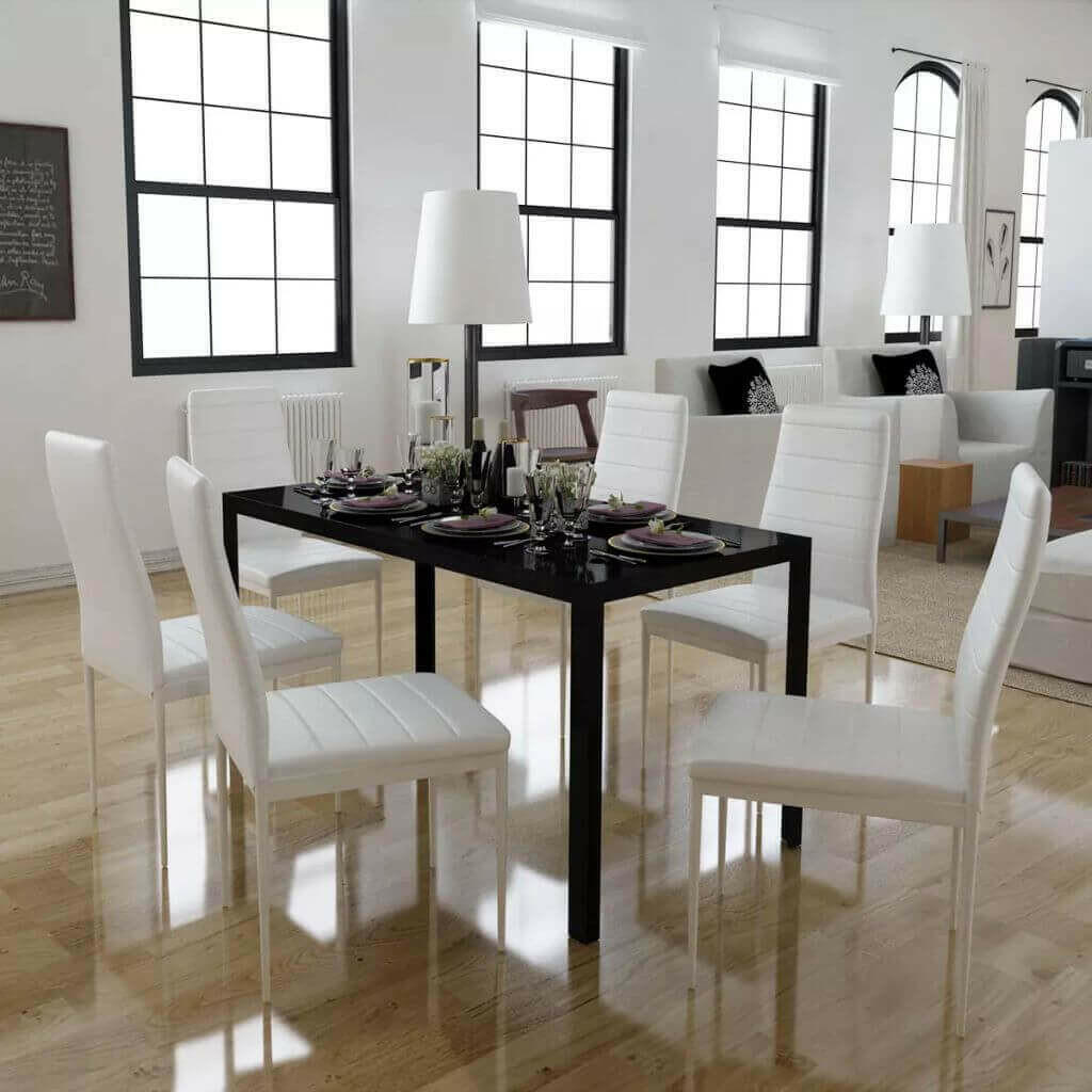 Seven Piece Dining Table and Chair Set Black and White.