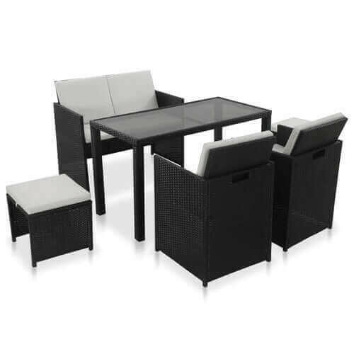 6 Piece Outdoor Dining Set with Cushions Poly Rattan Black.