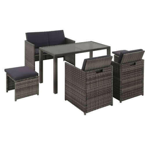 6 Piece Outdoor Dining Set with Cushions Poly Rattan Black.