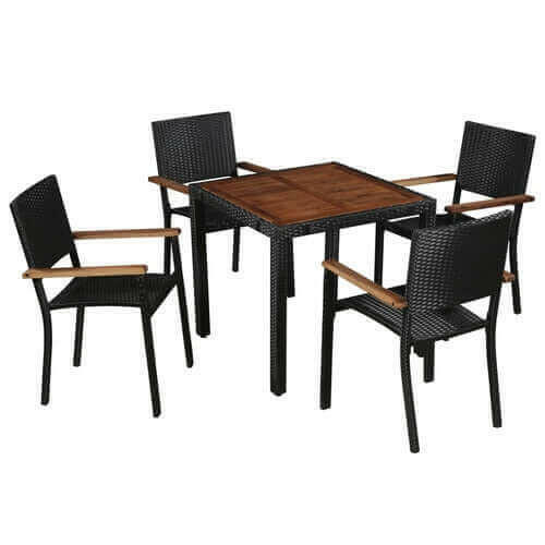 5 Piece Outdoor Dining Set Poly Rattan and Acacia Wood Black.