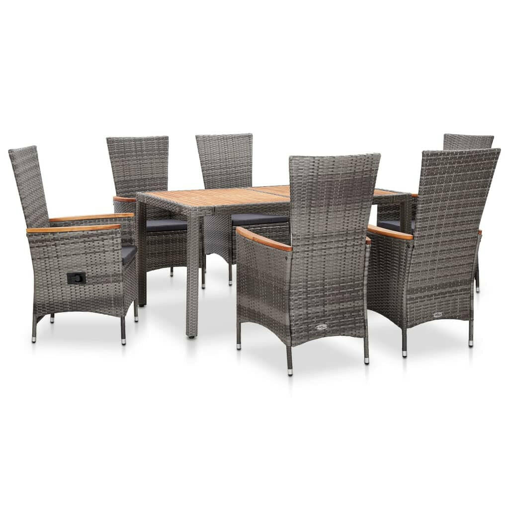 7 Piece Outdoor Dining Set with Cushions Poly Rattan Gray.