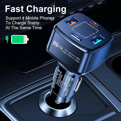 PBG Black PD 4-Port Fast Car Charger with 10FT Zebra Style Wire iPhone.