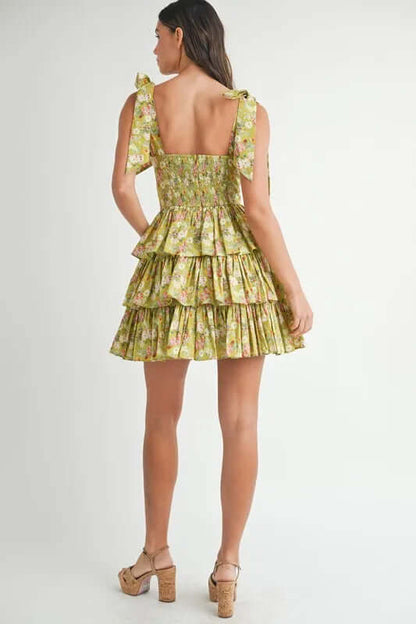 MABLE Floral Print Shoulder Tie Layered Mini Dress
