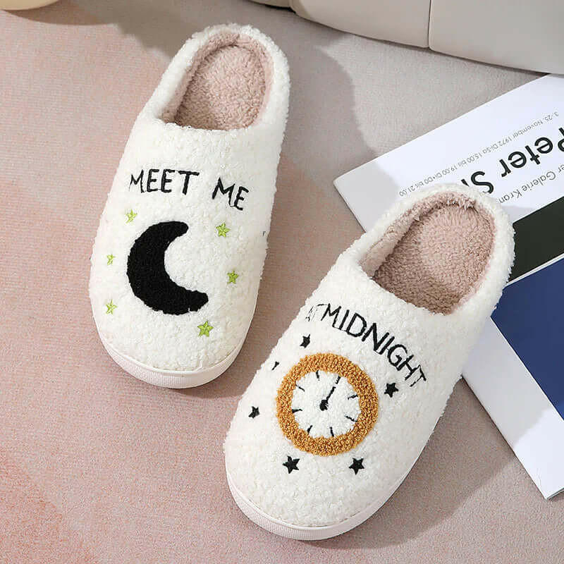 Moon and Clock Print Slipper Winter Warm Home Shoes Cute Bedroom Slippers