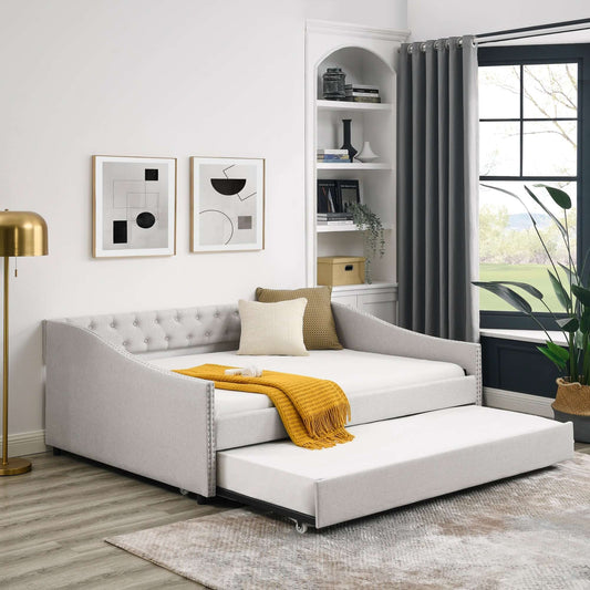 Full Size Daybed with Twin Size Trundle Upholstered Tufted Sofa Bed,