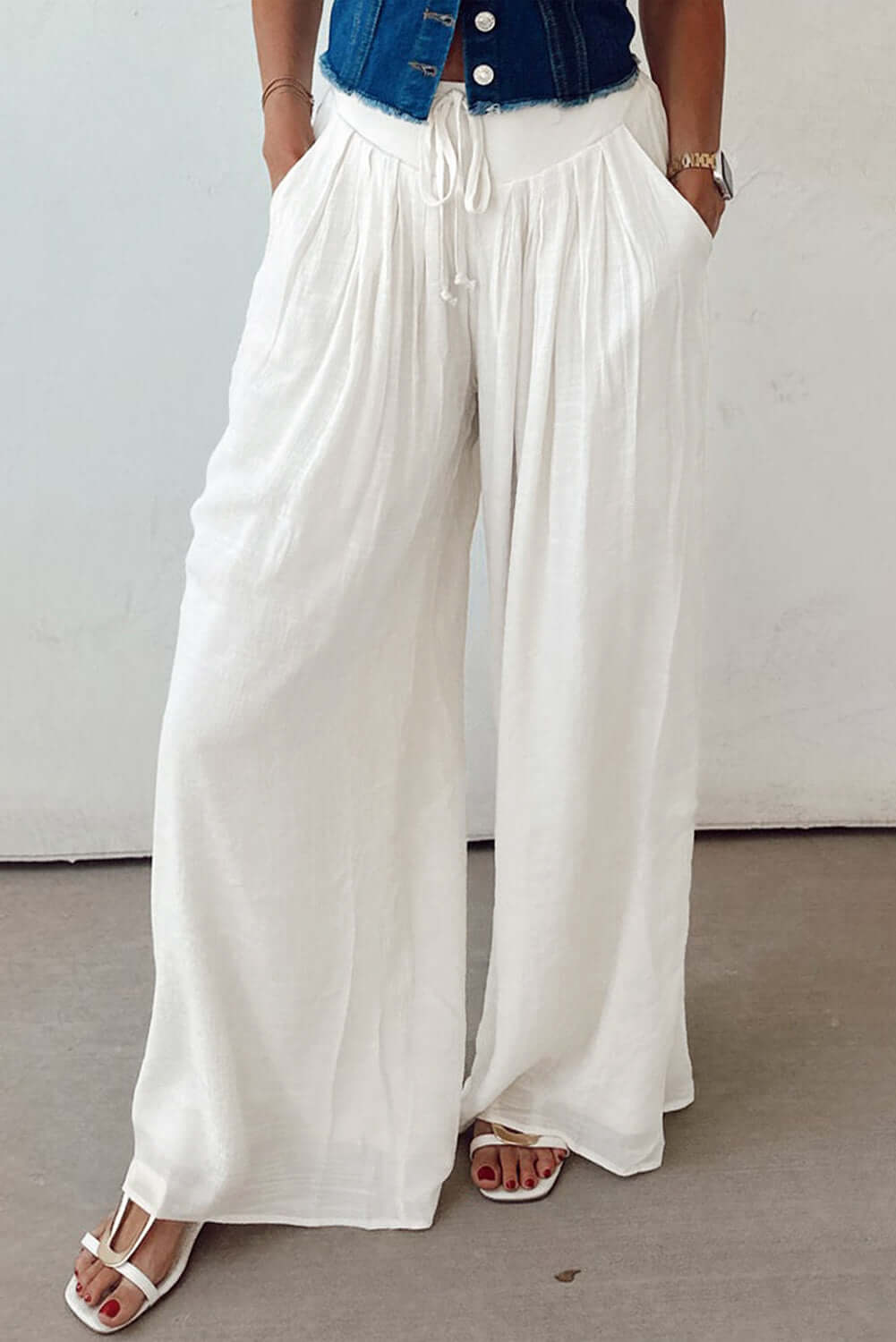 Solid Drop Waist Pleated Wide Leg Pants