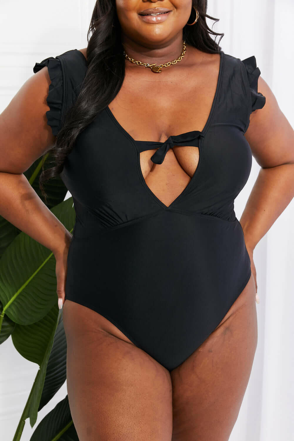 Marina West Swim Seashell Ruffle Sleeve One-Piece in Black.