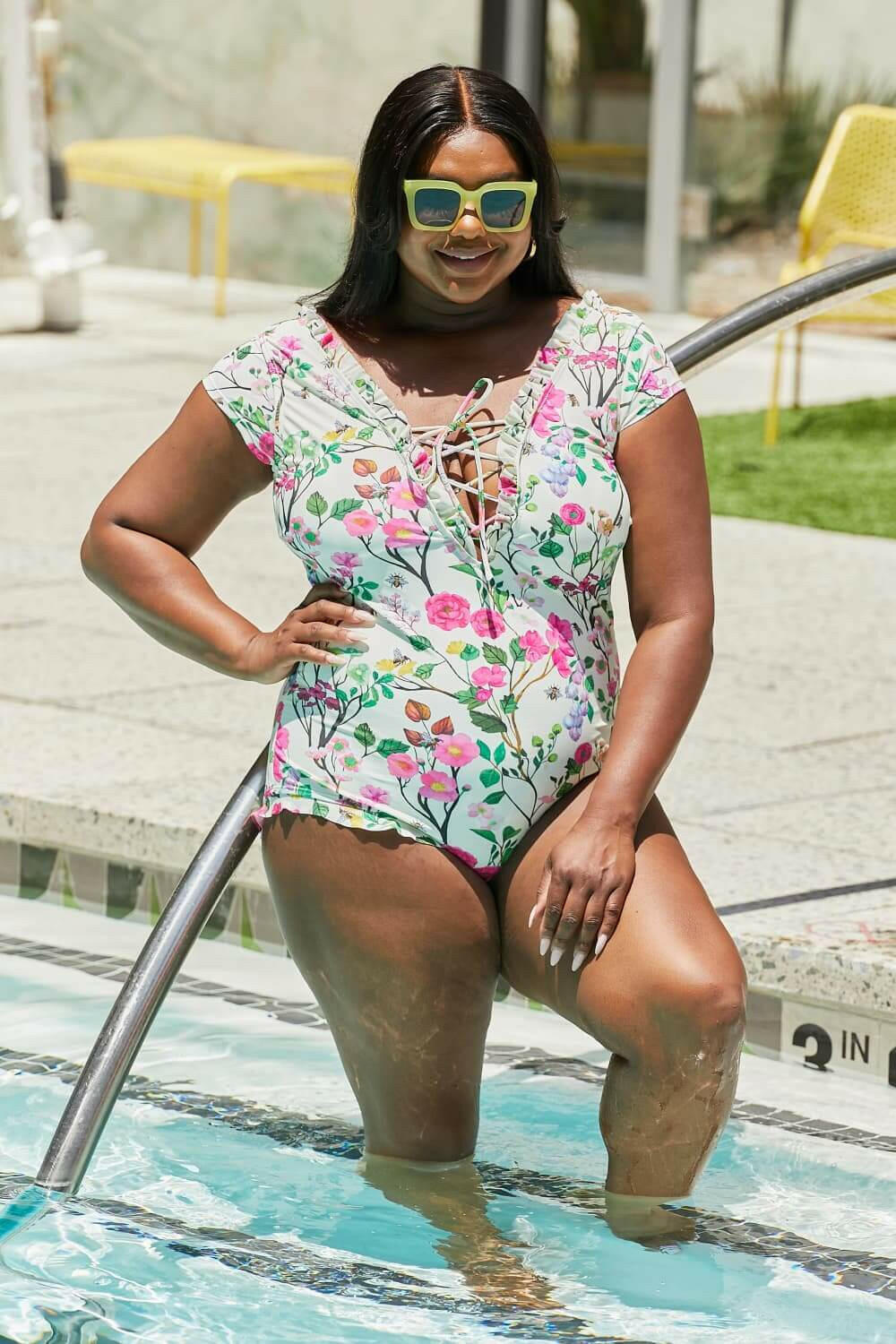 Marina West Swim Bring Me Flowers V-Neck One Piece Swimsuit Cherry