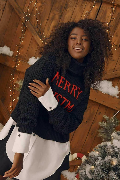 Loose Christmas turtleneck sweater in black 9025.