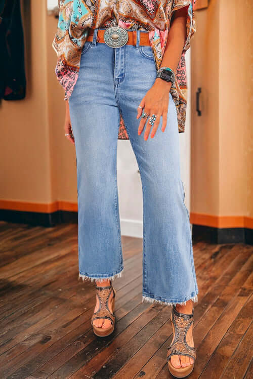 Solid Mineral Wash Raw Hem Flared Jeans