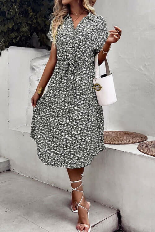 Floral Johnny Collar Short Sleeve Midi Dress.