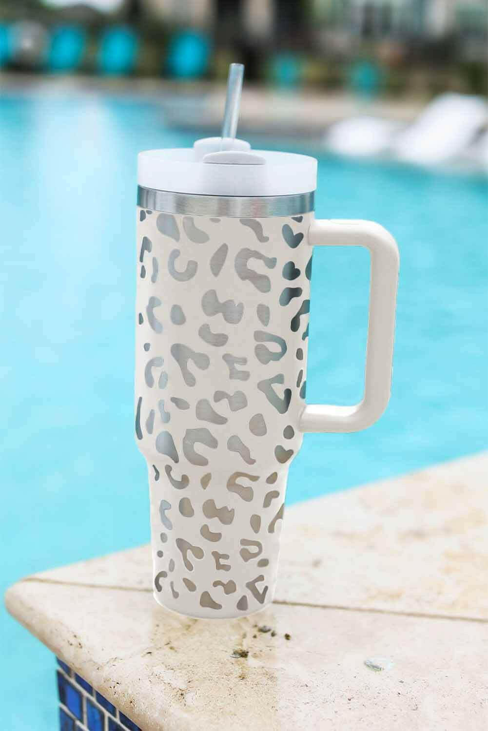 White Leopard Print 40OZ Stainless Steel Portable Cup with Handle.