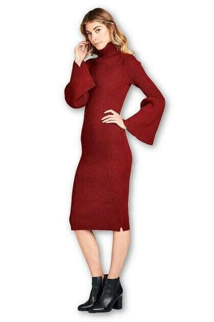 Turtleneck Sweater Dress with Bell Sleeve.