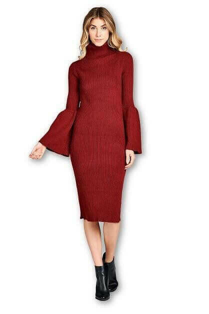 Turtleneck Sweater Dress with Bell Sleeve.