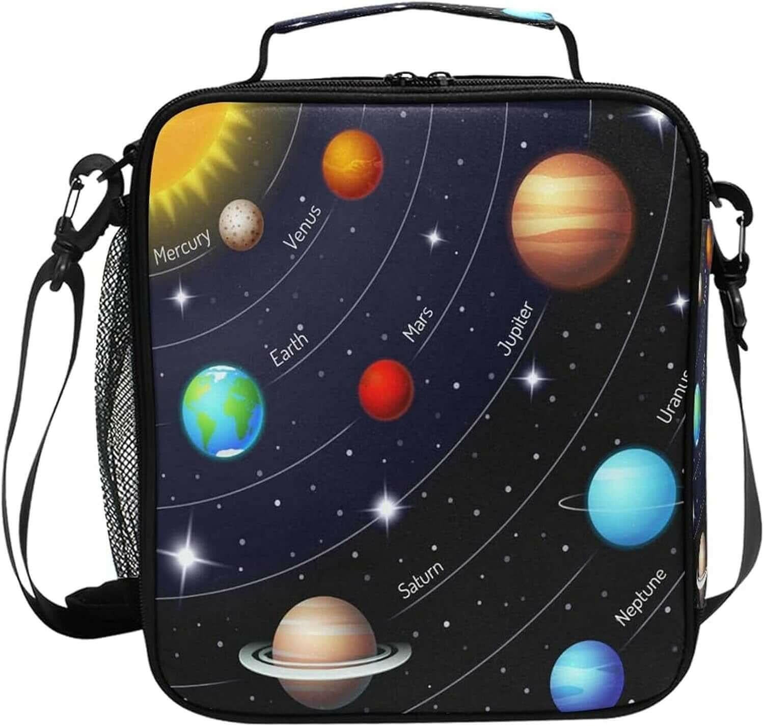 Kids Lunch Box, Planets Color, Unisex, 10.5X3.5X9.5 Inch, Oxford Material and Aluminum Film, Spacious, Lightweight, Adjustable Shoulder Straps, Heat Insulation