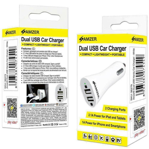 AMZER 2.1A/ 1A Dual USB 2 Port Handy Car Charger (White) - pack of 4.