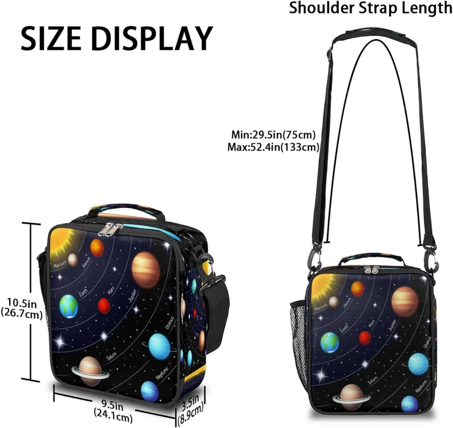 Kids Lunch Box, Planets Color, Unisex, 10.5X3.5X9.5 Inch, Oxford Material and Aluminum Film, Spacious, Lightweight, Adjustable Shoulder Straps, Heat Insulation