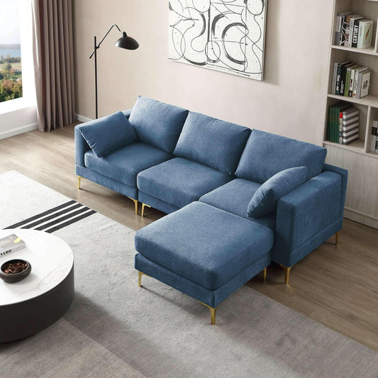 Living Room Furniture Modern Leisure L Shape Couch Blue Fabric.