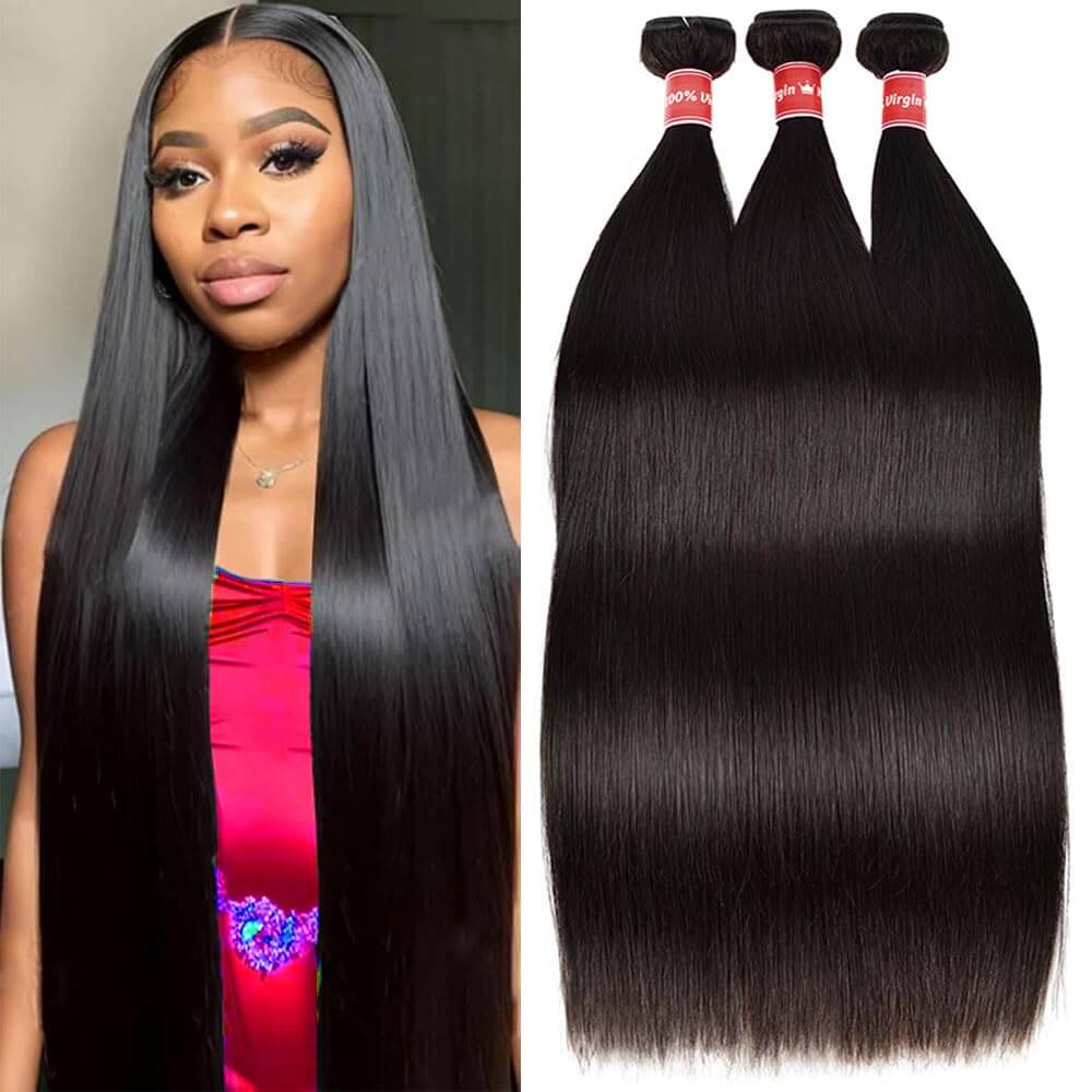 Straight Human Hair Bundles – 24, 26 &amp; 28 Inches, Natural Black