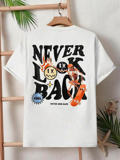 Never Look Back Creative Smile Skull Printing Cartoons Street Print Tshirt Man Loose Tee Clothes Cotton Crewneck Tops T-Shirt