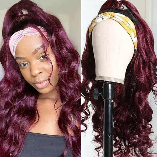 Burgundy Headband Body Wave Human Hair Wig #99J  Scarf Wig No GLUE Eas.