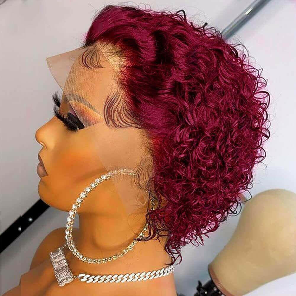 Ombre Short Pixie Cut 13x4x1 T Lace Front Curly Human Hair Wigs 8 Inch.