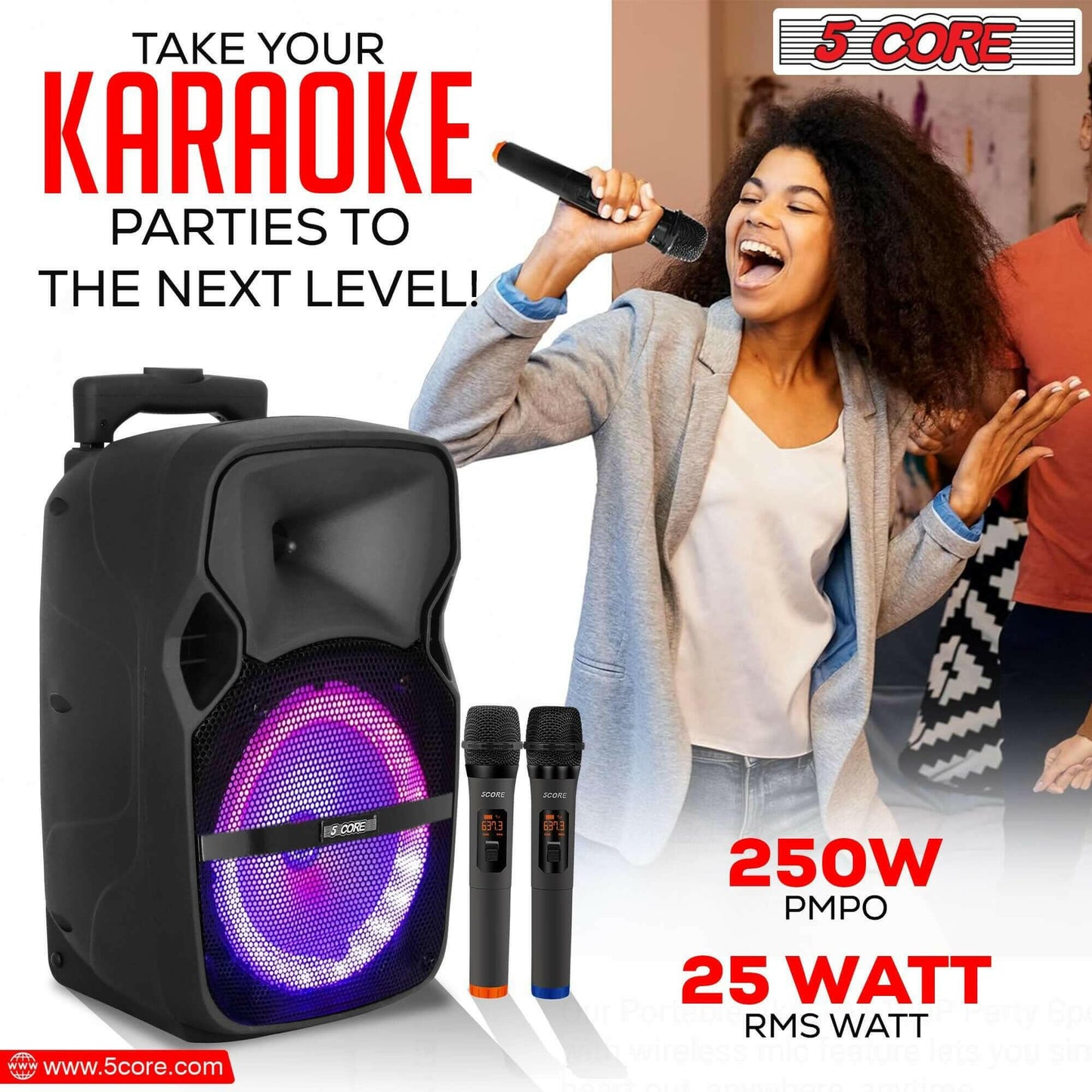 5Core Party Speaker Portable PA System 2 Wireless Mic Bluetooth Loud.