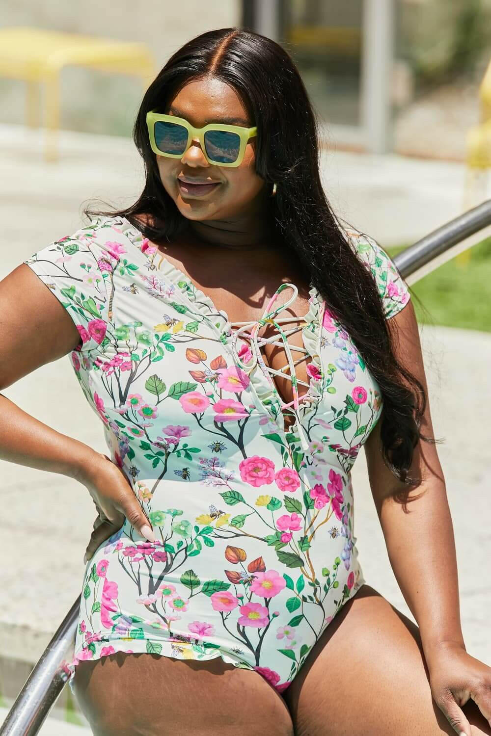 Marina West Swim Bring Me Flowers V-Neck One Piece Swimsuit Cherry