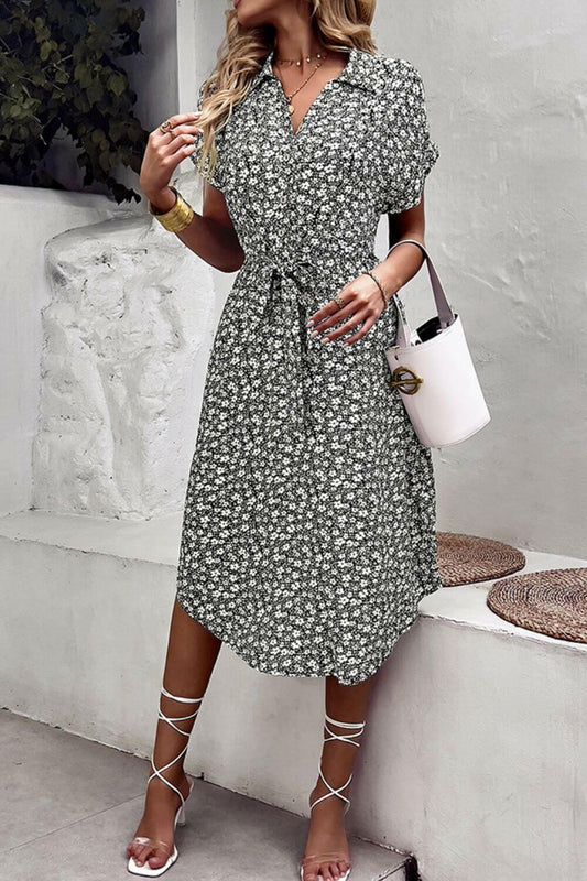 Floral Johnny Collar Short Sleeve Midi Dress.