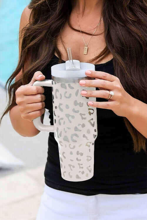 White Leopard Print 40OZ Stainless Steel Portable Cup with Handle.