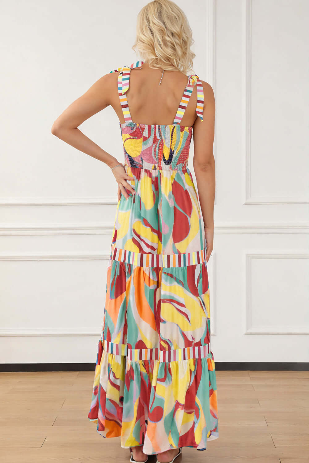 Abstract Stripe Patchwork Tie Strap Maxi Dress