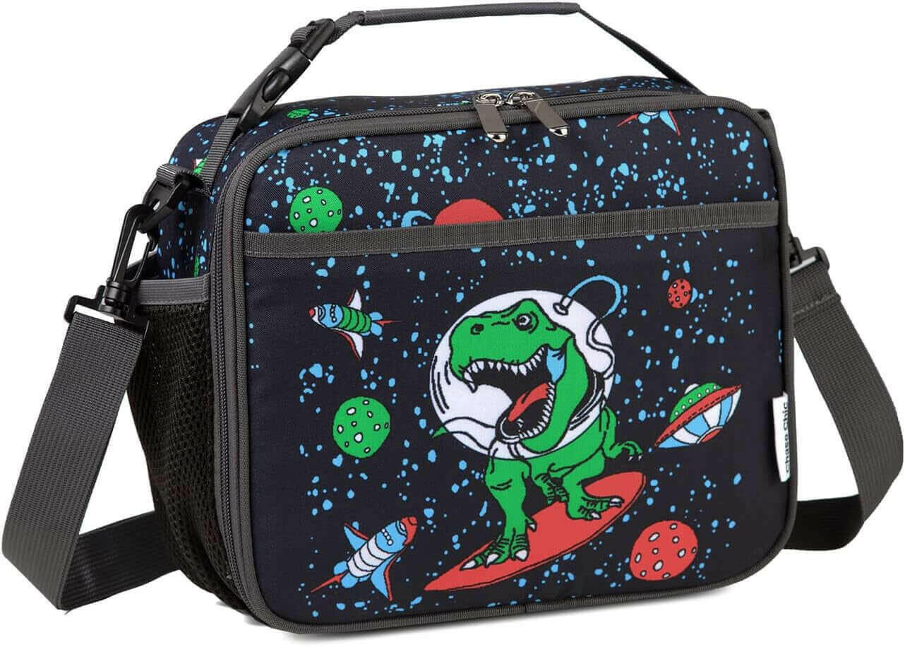 Dinosaur Lunch Bag, Kids Insulated Lunch Bag with Adjustable Clip-On Handle Kids Lunch Box for Girls Boys School Picnic Lightweight Reusable Lunch Handbag with External Bottle Holder