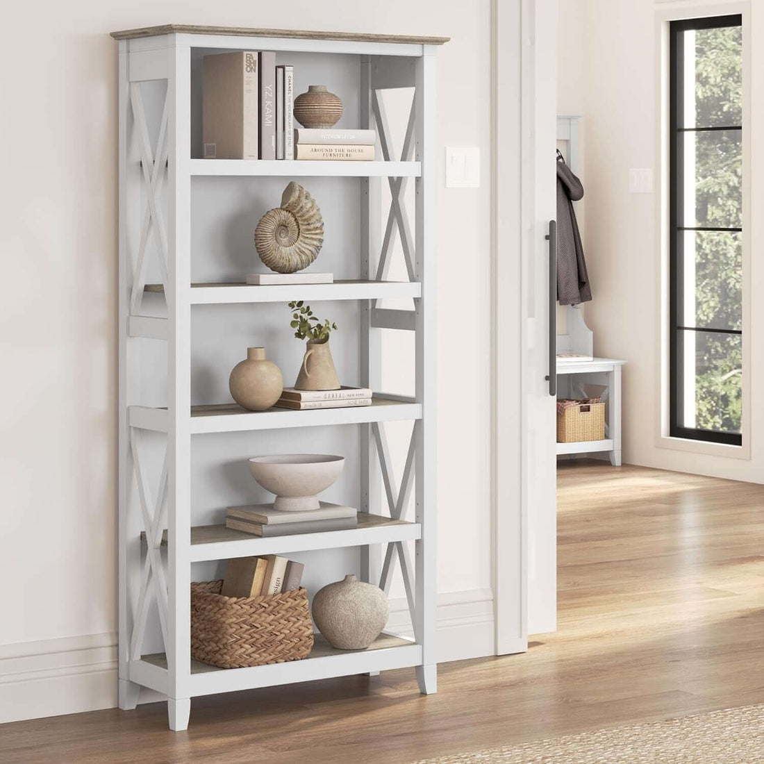 Bush Furniture Key West 66 Inch Bookcase Shiplap Gray White