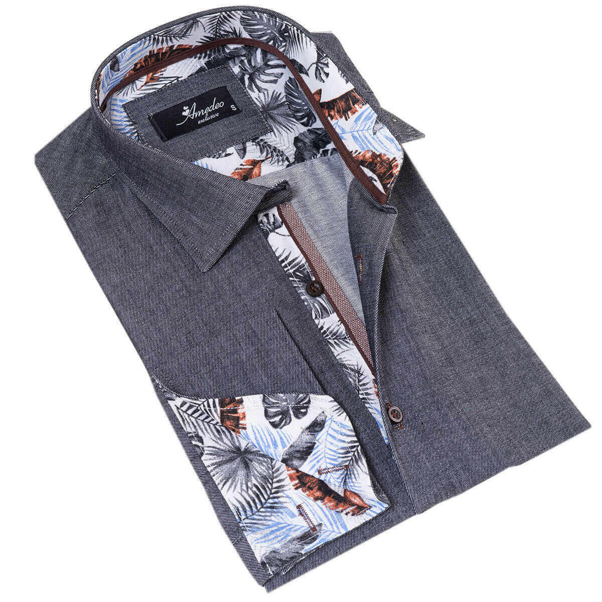 Gray inside Tropical Printed Mens Slim Fit Designer Dress Shirt -.