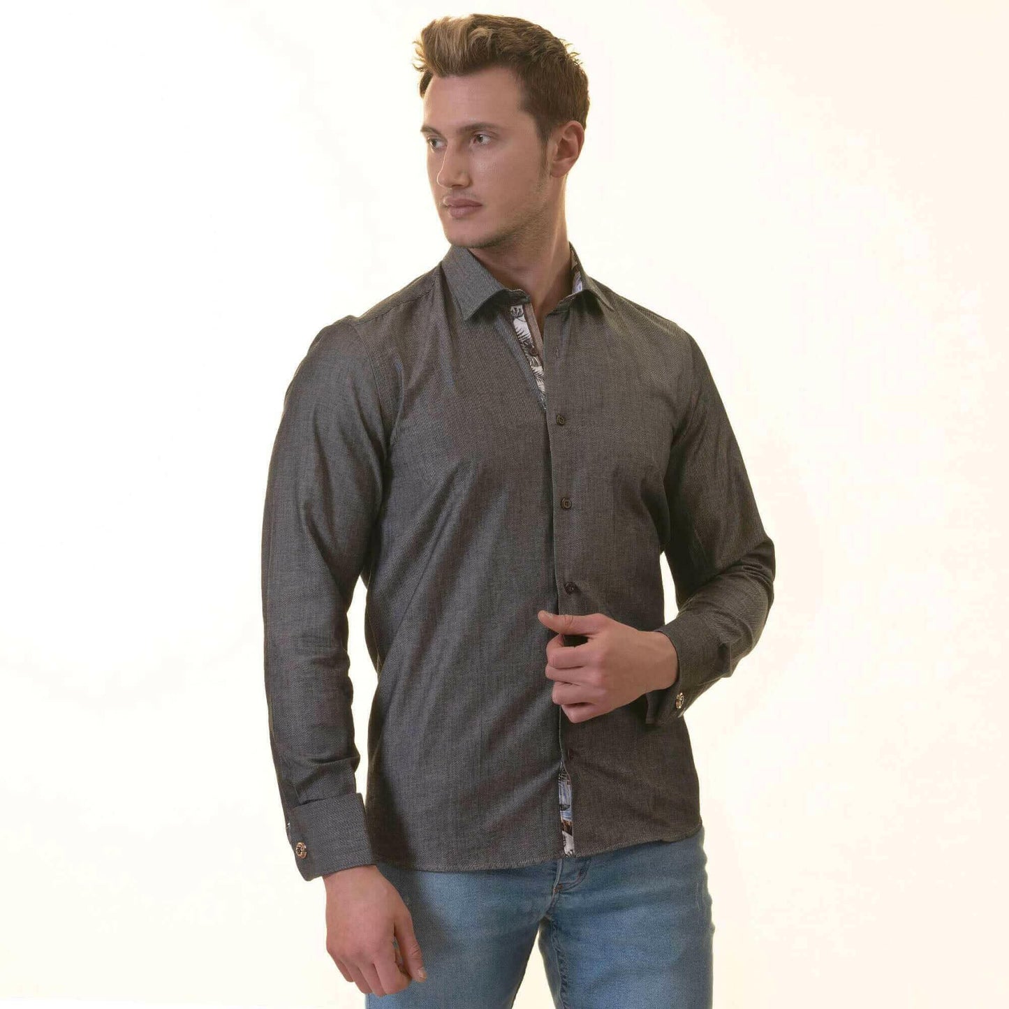 Gray inside Tropical Printed Mens Slim Fit Designer Dress Shirt -.