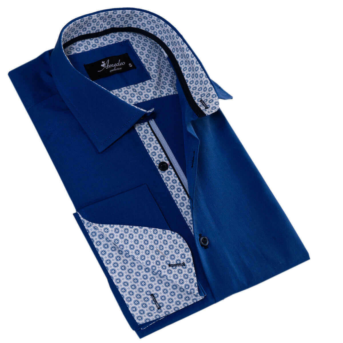 Royal Blue inside White Printed Double Cuff Shirt Mens Slim Fit.