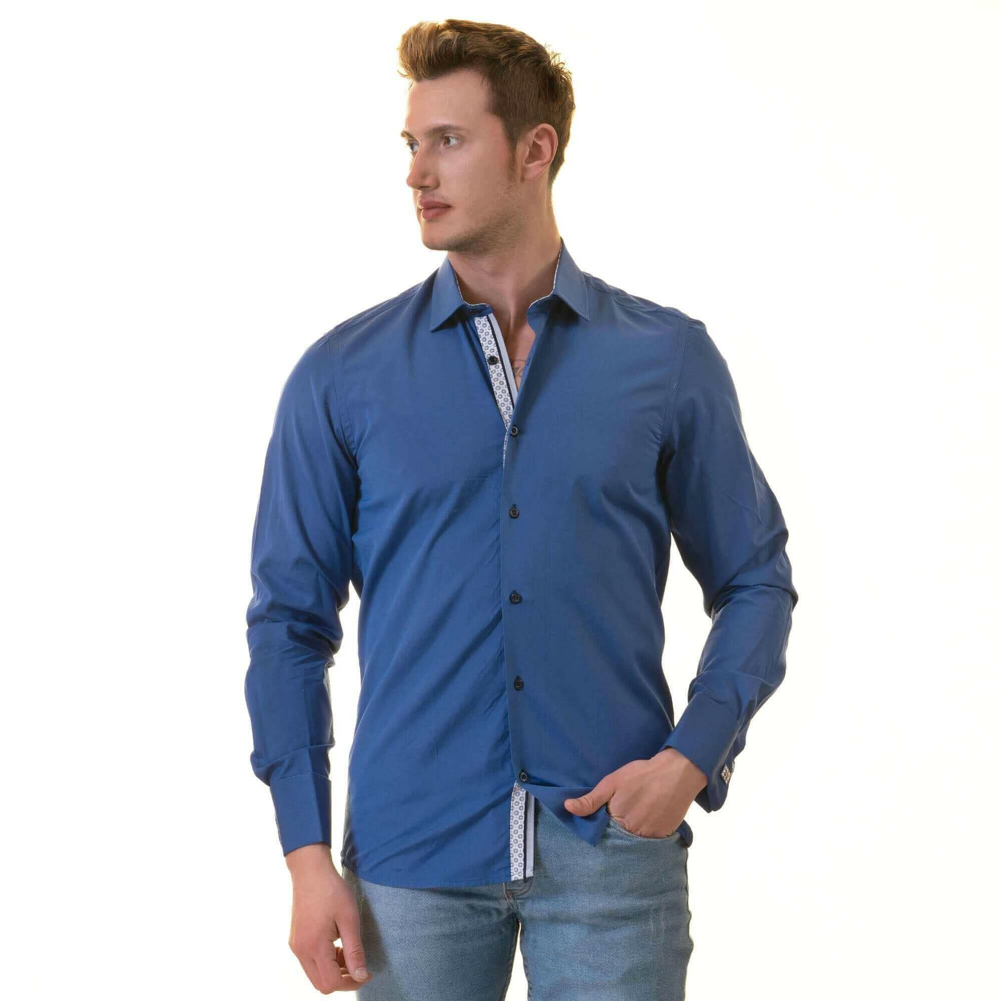 Royal Blue inside White Printed Double Cuff Shirt Mens Slim Fit.