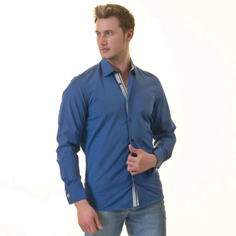 Royal Blue inside White Printed Double Cuff Shirt Mens Slim Fit.