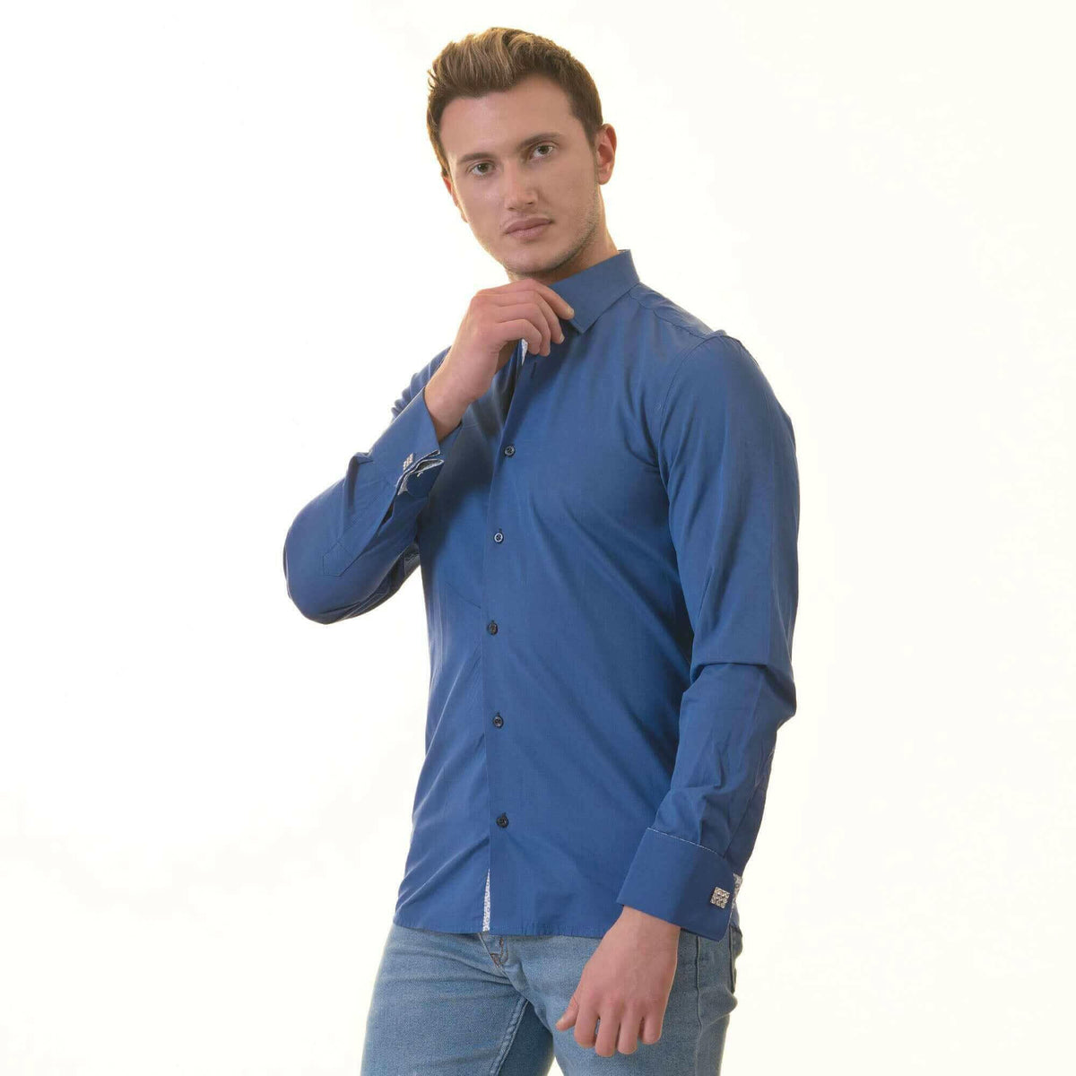 Royal Blue inside White Printed Double Cuff Shirt Mens Slim Fit.