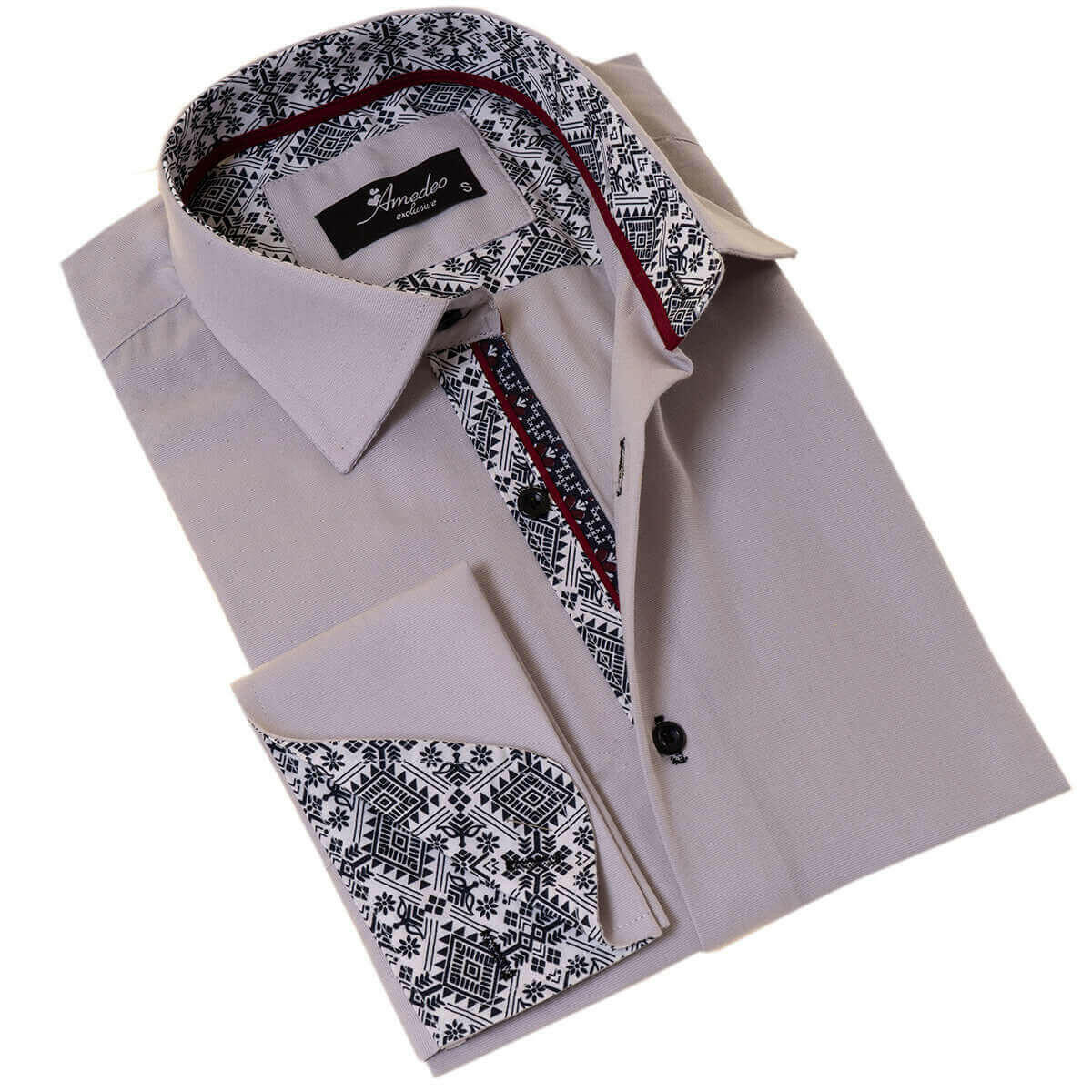 Gray with inside White Ptrined Double Cuff Shirt Mens Slim Fit.