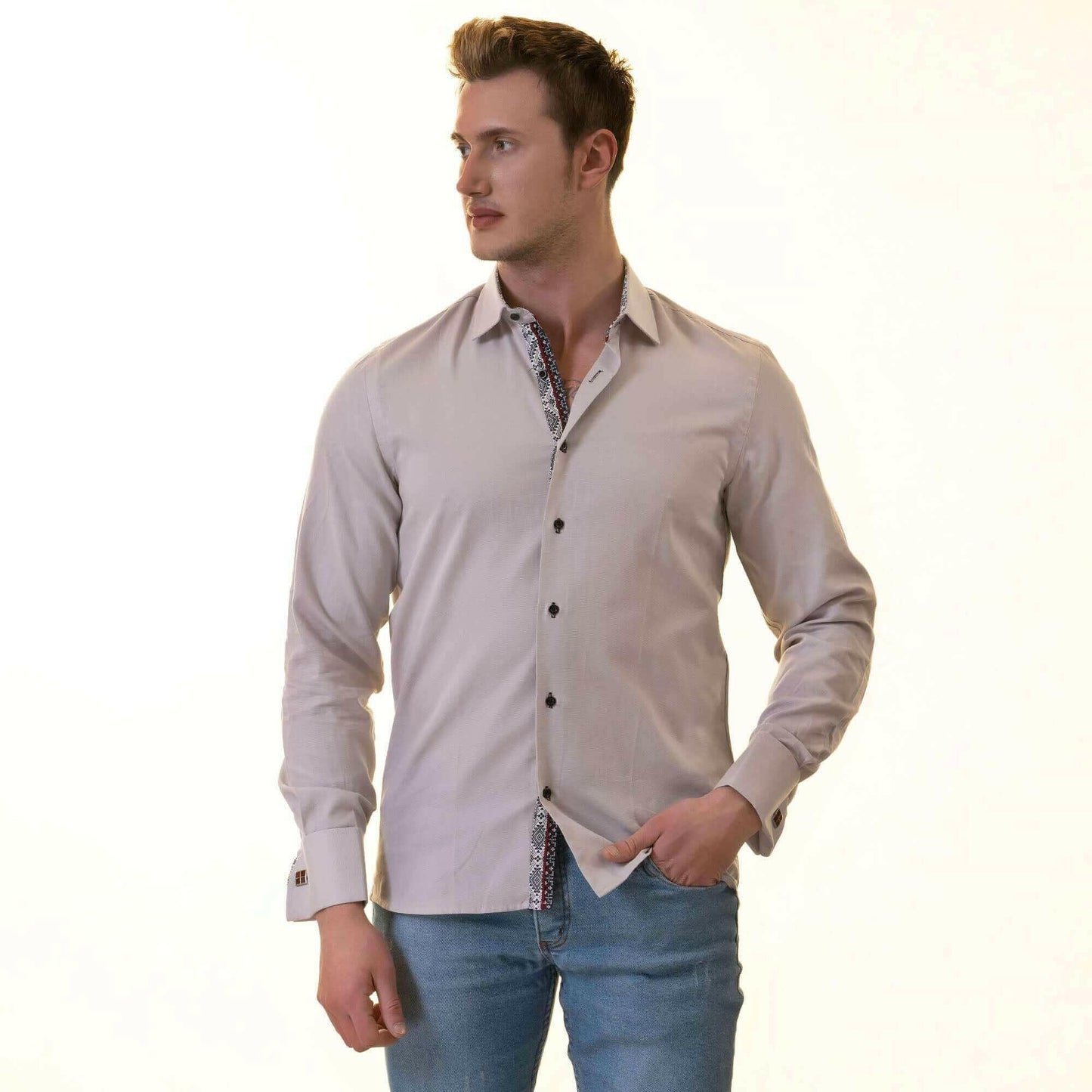 Gray with inside White Ptrined Double Cuff Shirt Mens Slim Fit.